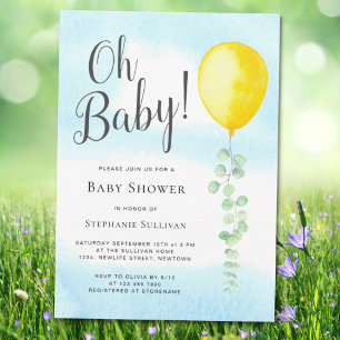 Invitación Oh Baby Eucalyptus Yellow Balloon Baby Shower