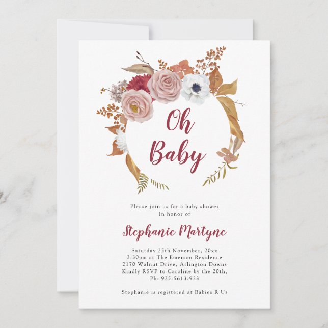 Invitación Oh Baby Fall Floral Wreath Baby Shower (Anverso)