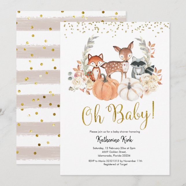 Invitación Oh Baby Fall Woodland Pumpkin Baby Shower (Anverso / Reverso)