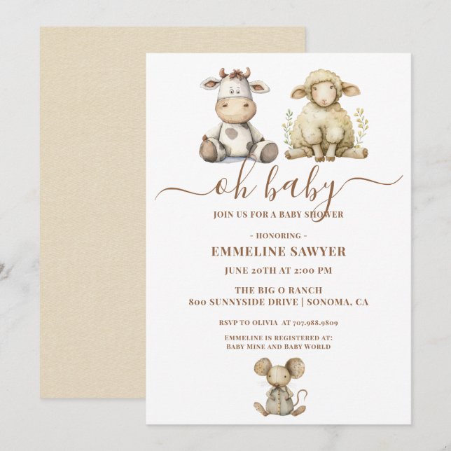 Invitación Oh Baby Farm Animals Baby Shower (Anverso / Reverso)