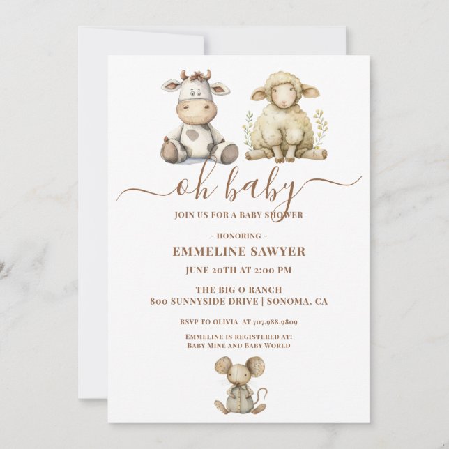 Invitación Oh Baby Farm Animals Baby Shower (Anverso)