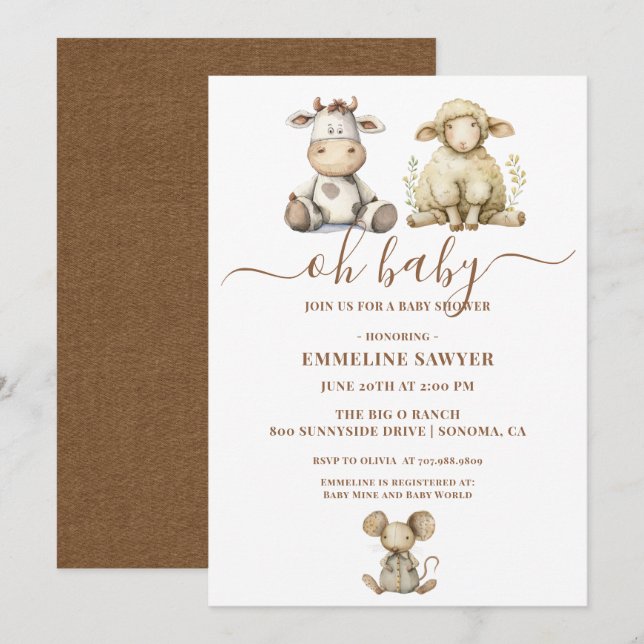 Invitación Oh Baby Farm Animals Baby Shower (Anverso / Reverso)