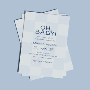 Invitación Oh Baby Fiesta de Bebé Azul Cuadros Moderna