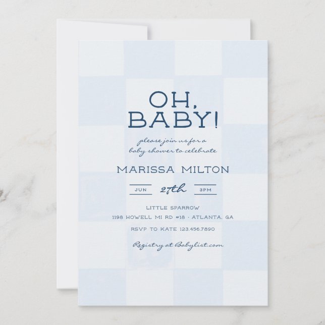 Invitación Oh Baby Fiesta de Bebé Azul Cuadros Moderna (Anverso)