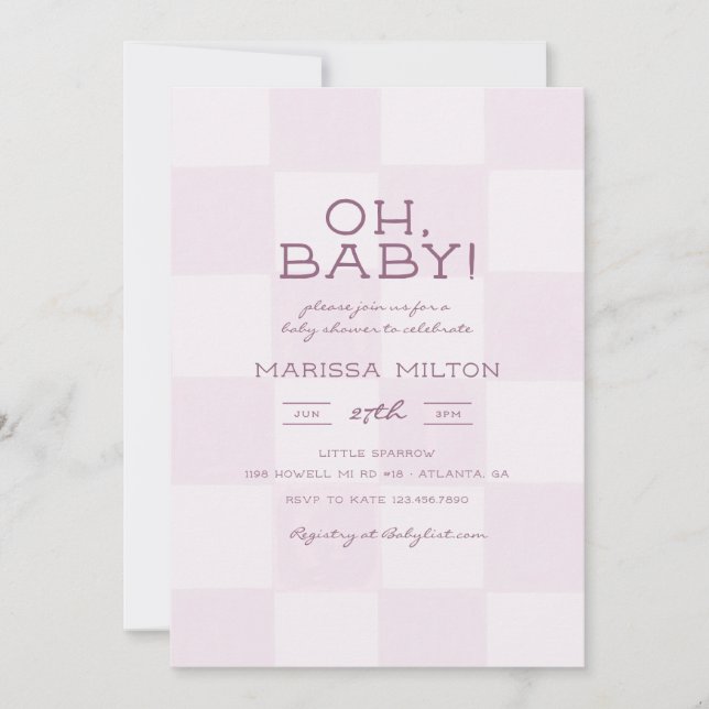 Invitación Oh Baby Fiesta de Bebé Rosa Moderna a Cuadros (Anverso)