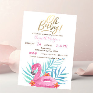 Invitación Oh Baby Flamingo Rosa Hojas de Palma Hibisco