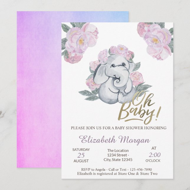 Invitación Oh Baby Floral Elephant Baby Shower (Anverso / Reverso)