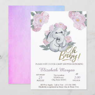 Invitación Oh Baby Floral Elephant Baby Shower