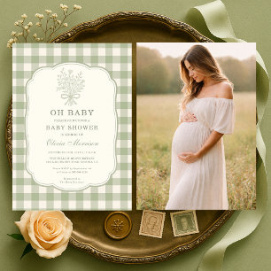 Invitación Oh Baby Foto Gingham Verde Menta Baby Shower