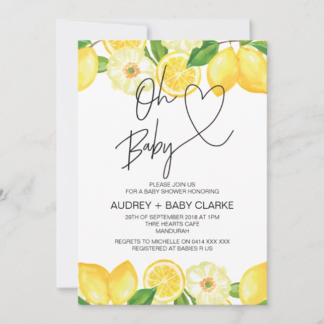 Invitación Oh Baby Gender Neutral Baby Shower Summer Lemon (Anverso)