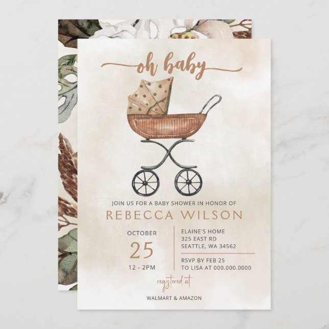Invitación Oh Baby Gender Neutral Pram Boho Baby Shower (Anverso / Reverso)