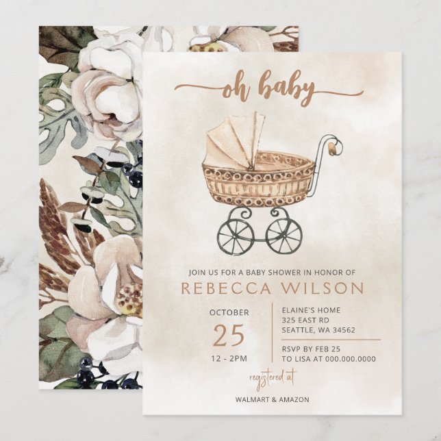 Invitación Oh Baby Gender Neutral Pram Boho Baby Shower (Anverso / Reverso)