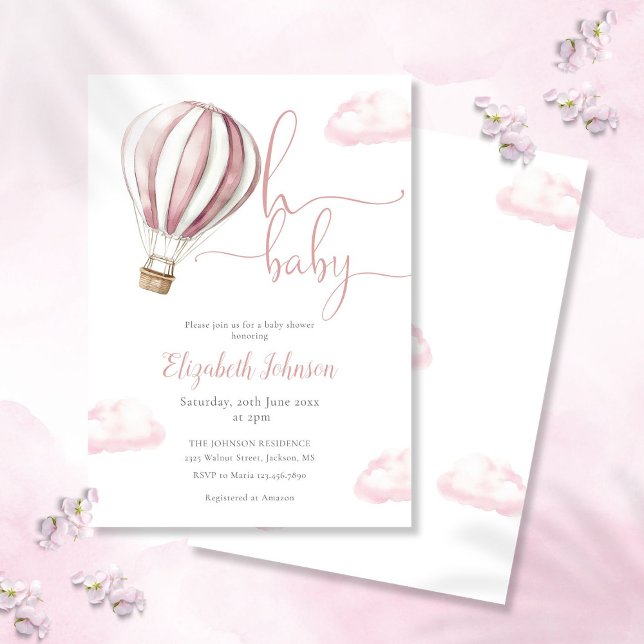 Invitación Oh Baby Girl Globo Aerostático Rosa Baby Shower (Hello Baby Girl Pink Hot Air Balloon Baby Shower Invitation)