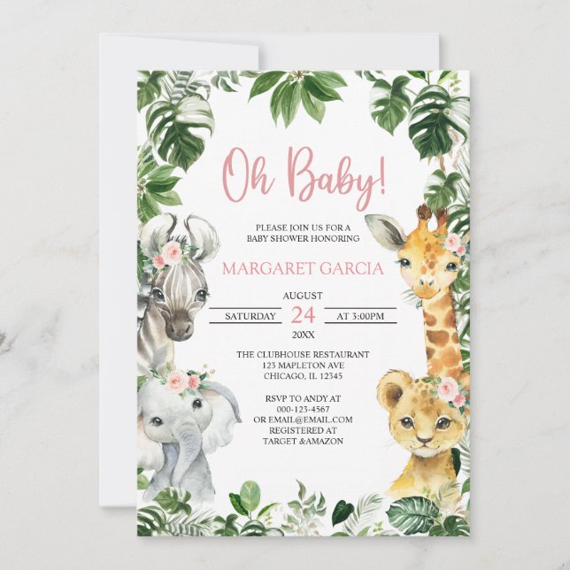 Invitación Oh Baby Girl Jungle Safari Animals Baby Shower (Anverso)