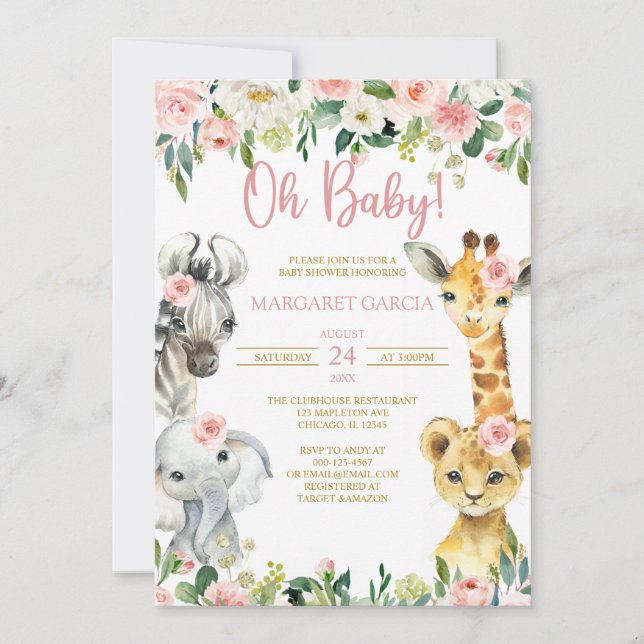 Invitación Oh Baby Girl Jungle Safari Animals Baby Shower (Anverso)