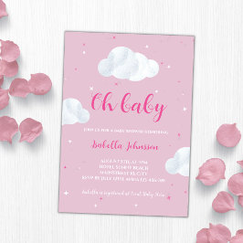 Invitación Oh Baby Girl Pink Clouds Sky Stars Baby Shower