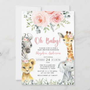 Invitación Oh Baby Girl Safari Animals Baby Shower