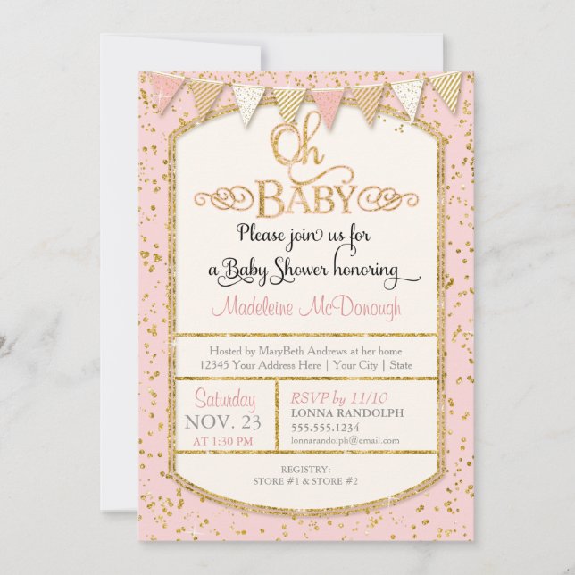 Invitación OH Baby Girl Shower Typography Gold Purpurina (Anverso)