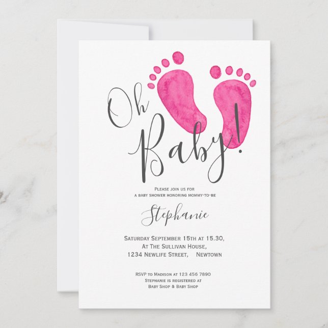 Invitación Oh Baby Girl's Pies de bebé rosados Baby Shower (Anverso)