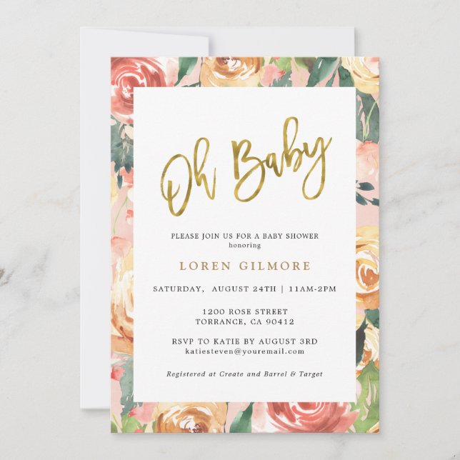 Invitación Oh Baby Gold Floral Pattern Baby Shower (Anverso)