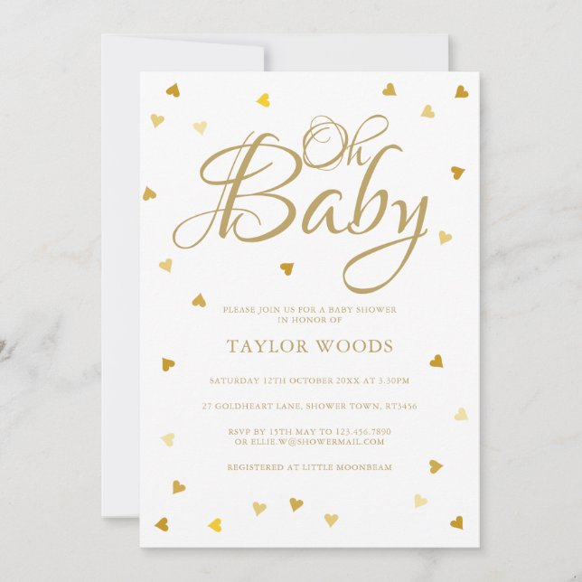 Invitación Oh Baby Gold Love Hearts Baby Shower / Sprinkle (Anverso)