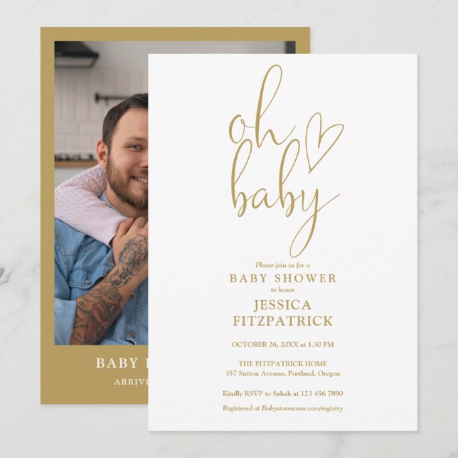 Invitación Oh Baby Gold Script Heart Photo Baby Shower (Anverso / Reverso)