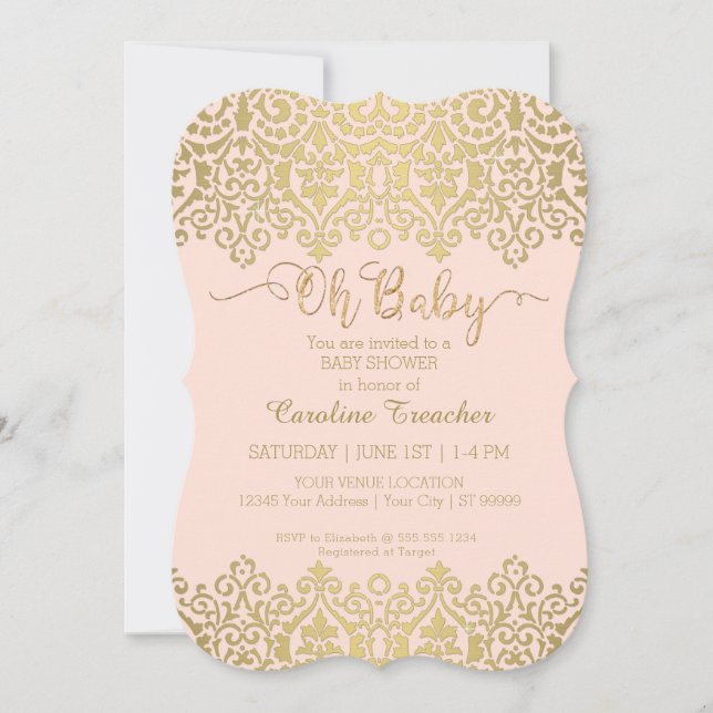 Invitación Oh Baby Gold Script Rubor Pink Baby Shower  (Anverso)