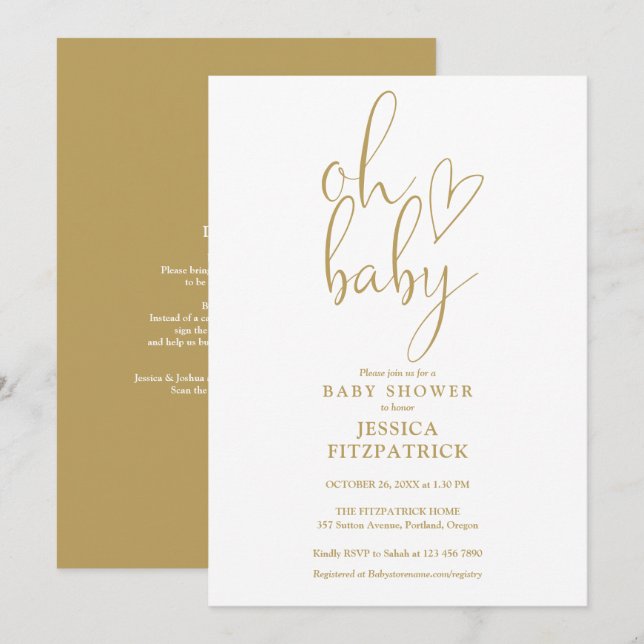 Invitación Oh Baby Gold Script Todo En Uno Baby Shower (Anverso / Reverso)