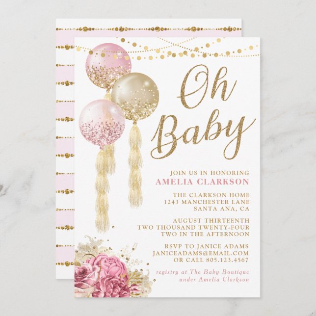 Invitación Oh Baby Gold y Pink Balloons Baby Shower (Anverso / Reverso)