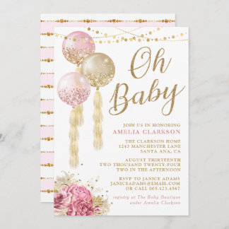 Invitación Oh Baby Gold y Pink Balloons Baby Shower