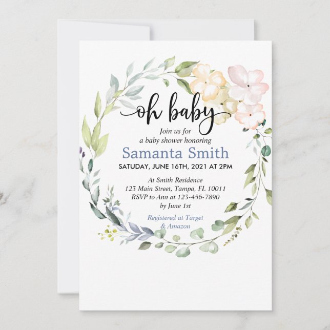 Invitación Oh Baby Greenery Baby Shower (Anverso)