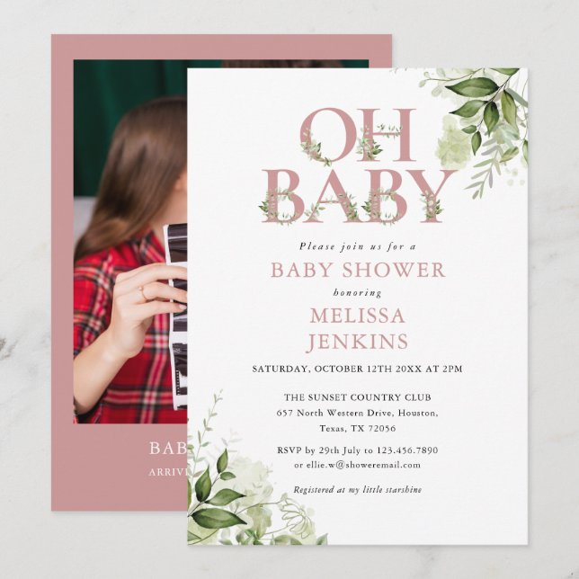 Invitación Oh Baby Greenery Dusty Rosa Photo Baby Shower (Anverso / Reverso)