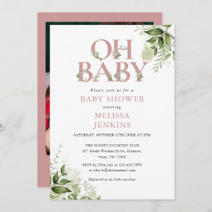 Invitación Oh Baby Greenery Dusty Rosa Photo Baby Shower