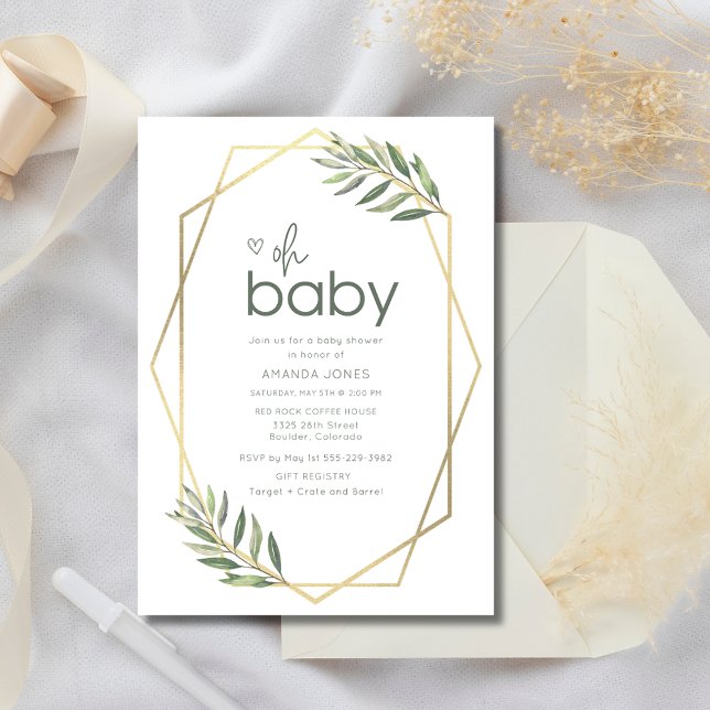 Invitación Oh Baby Greenery Gold Baby Shower (Oh Baby Greenery and Gold Baby Shower Invitation)