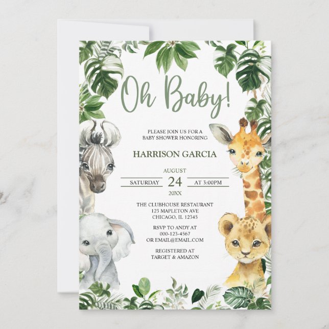 Invitación Oh Baby Greenery Jungle Safari Animals Baby Shower (Anverso)