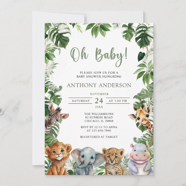 Invitación Oh Baby Greenery Jungle Safari Animals Baby Shower (Anverso)