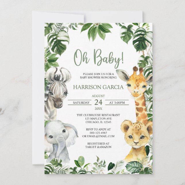 Invitación Oh Baby Greenery Jungle Safari Animals Baby Shower (Anverso)