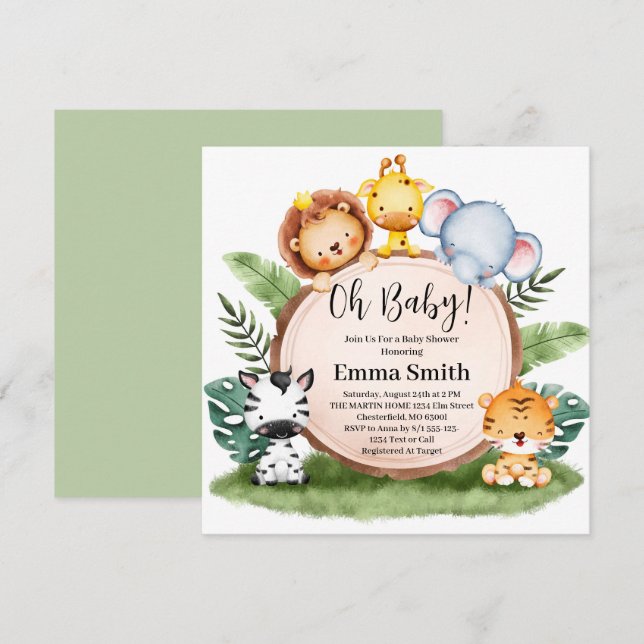 Invitación Oh Baby Greenery Jungle Safari Animals Baby Shower (Anverso / Reverso)
