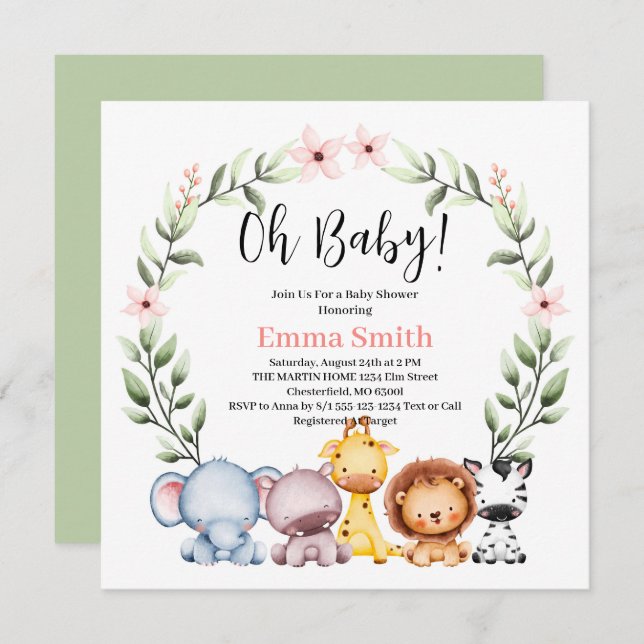 Invitación Oh Baby Greenery Jungle Safari Animals Baby Shower (Anverso / Reverso)