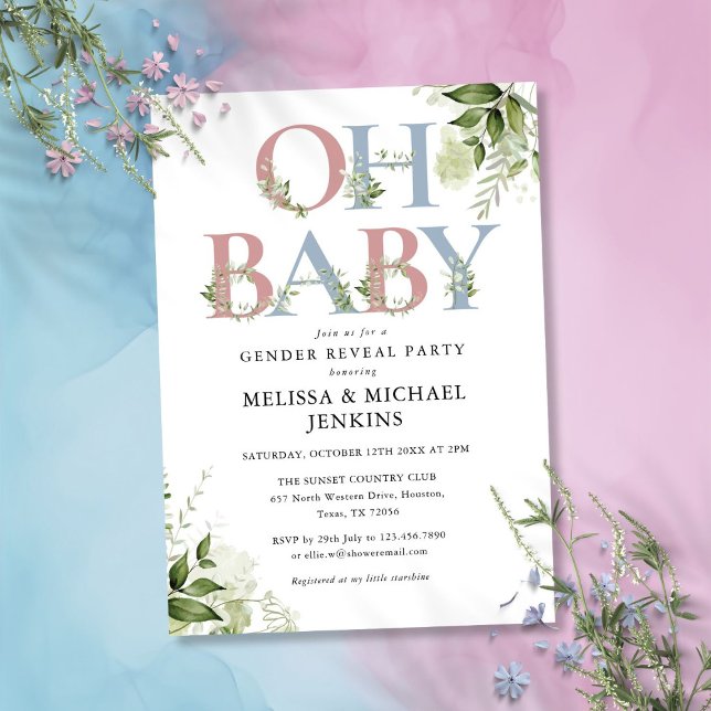 Invitación Oh Baby Greenery Letter Gender Reveal Fiesta (Oh Baby Greenery Letter Gender Reveal Party Invitation)