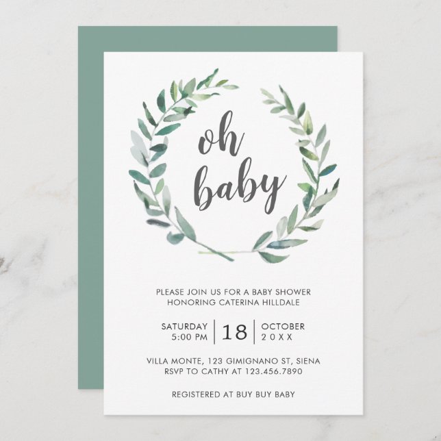 Invitación Oh Baby Greenery Wreath Gender Neutral Baby Shower (Anverso / Reverso)
