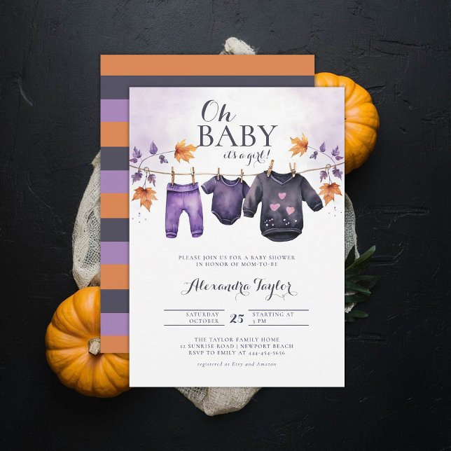 Invitación Oh Baby Halloween Cae Chica de la ropa de octubre (october baby shower ideas clothesline invitation halloween novermber fall leaves purple black)
