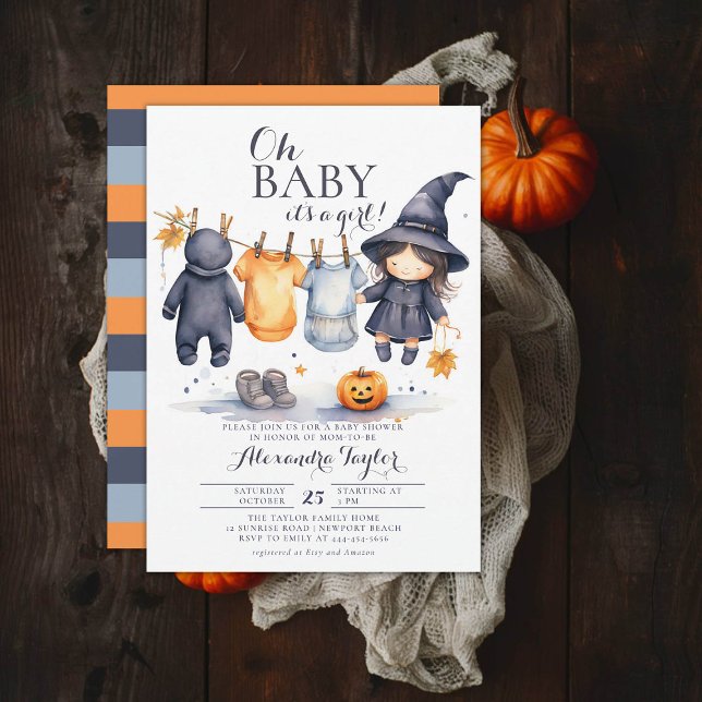 Invitación Oh Baby Halloween Caída Octubre Ducha Chica de Bru (october baby shower ideas clothes line invitation halloween novermber fall leaves cute witch)