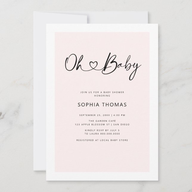 Invitación Oh Baby Heart Font Minimal Soft Pink Baby Shower (Anverso)