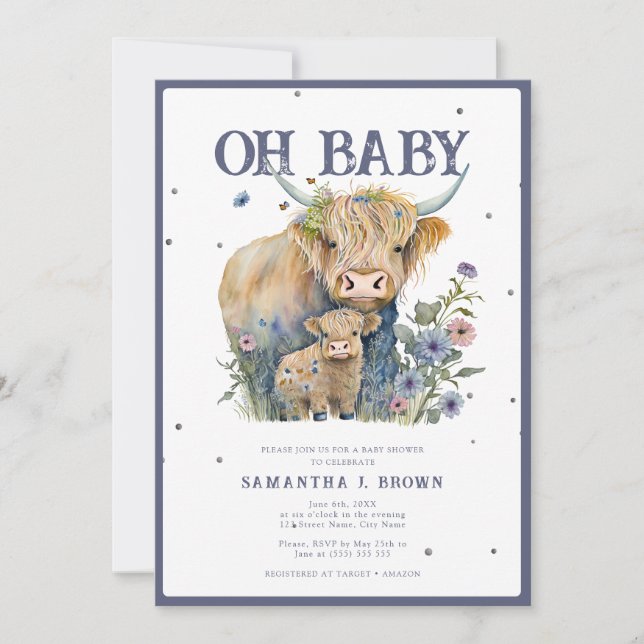 Invitación Oh Baby Highland Cow Elegant Baby Shower (Anverso)