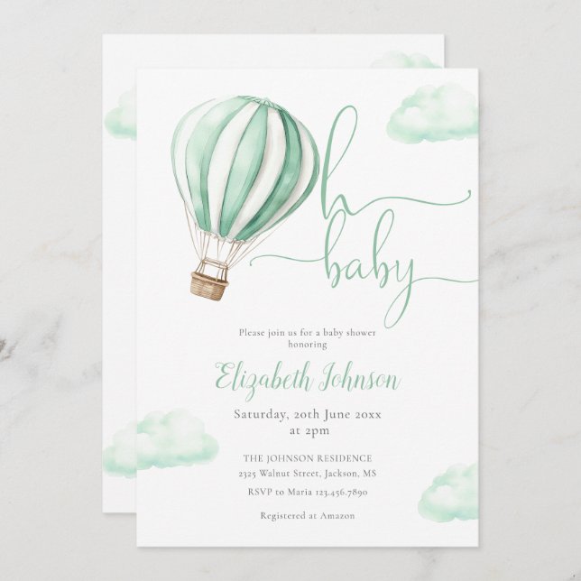 Invitación Oh Baby Hot Air Balloon Neutral Baby Shower (Anverso / Reverso)