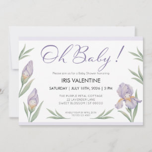 Invitación Oh Baby Iris Floral Acuarela Púrpura Lavanda