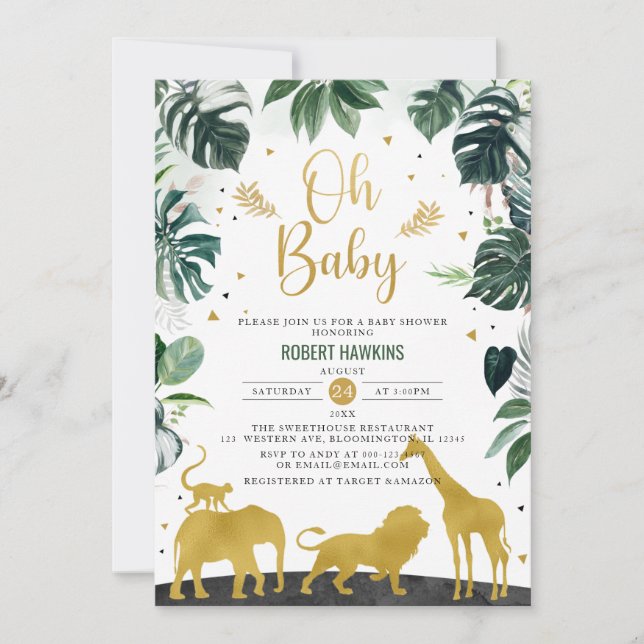 Invitación  Oh Baby Jungle Gold Safari Animals Baby Shower (Anverso)