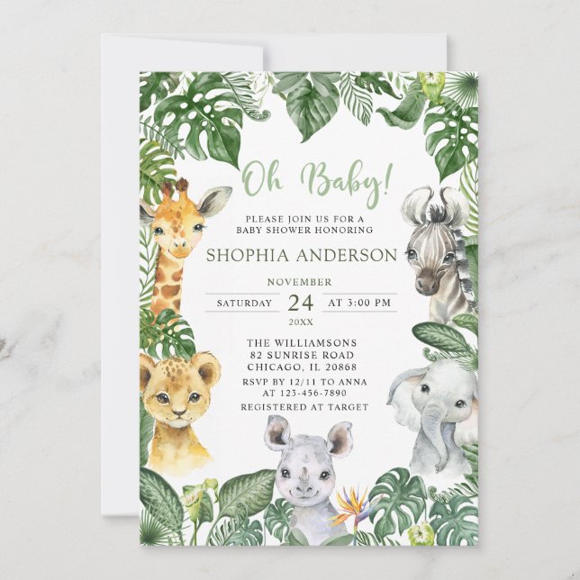 Invitación Oh Baby Jungle Safari Animals Baby Shower (Anverso)