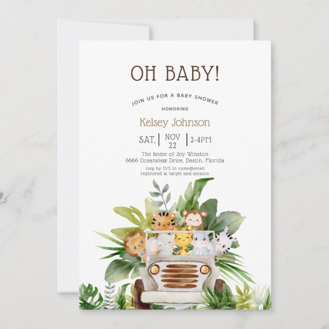 Invitación Oh Baby Jungle Safari Zoo Animals Baby Shower (Anverso)